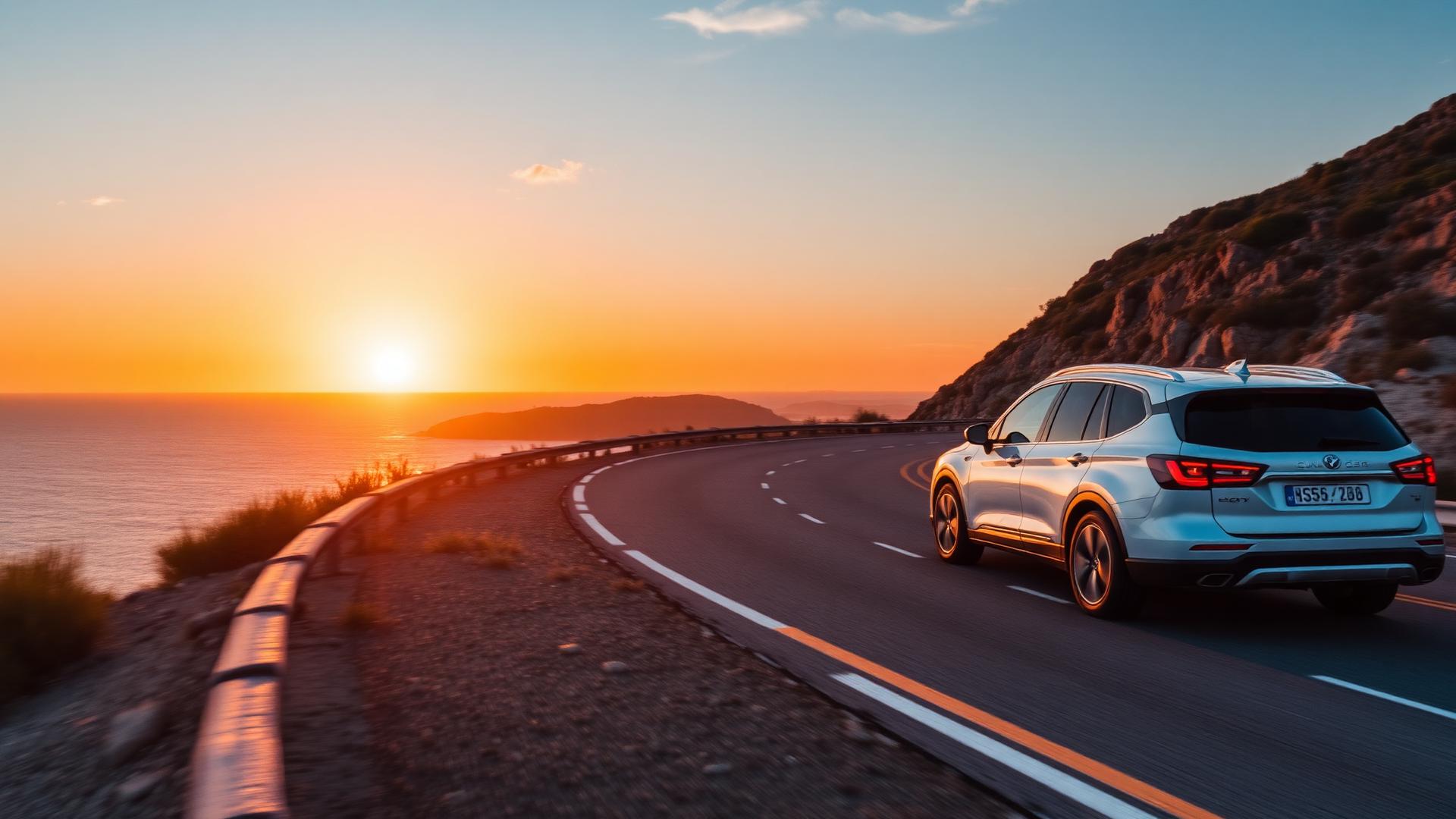 Carro em estrada litorânea ao pôr do sol