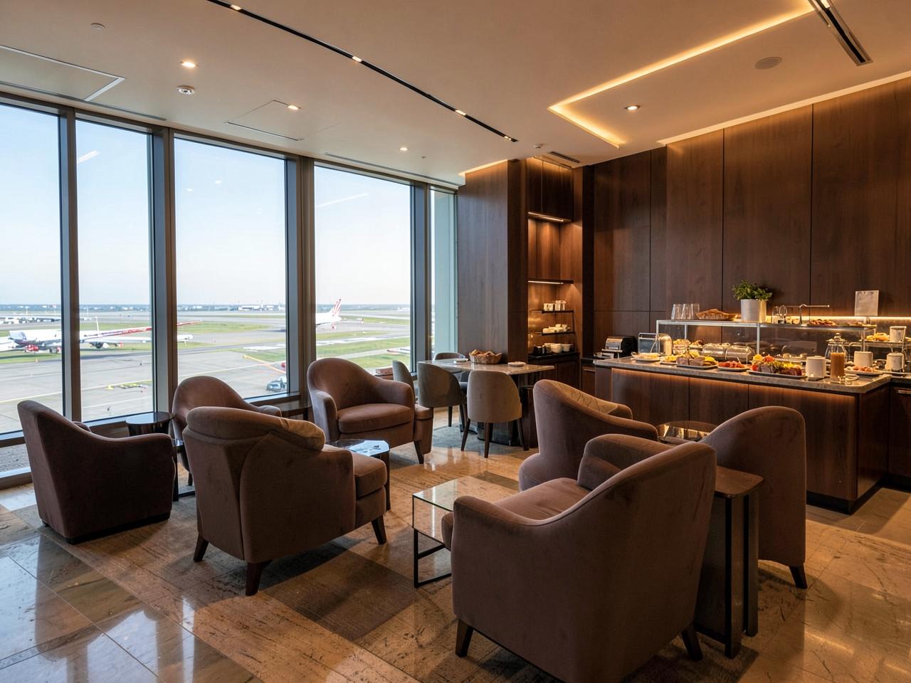 Interior de uma sala VIP de aeroporto com poltronas confortáveis e vista para a pista